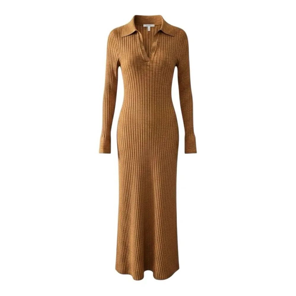 LOFT Brown Ribbed Polo Midi Knit Sweater Dress Size M Long Sleeve Pullover